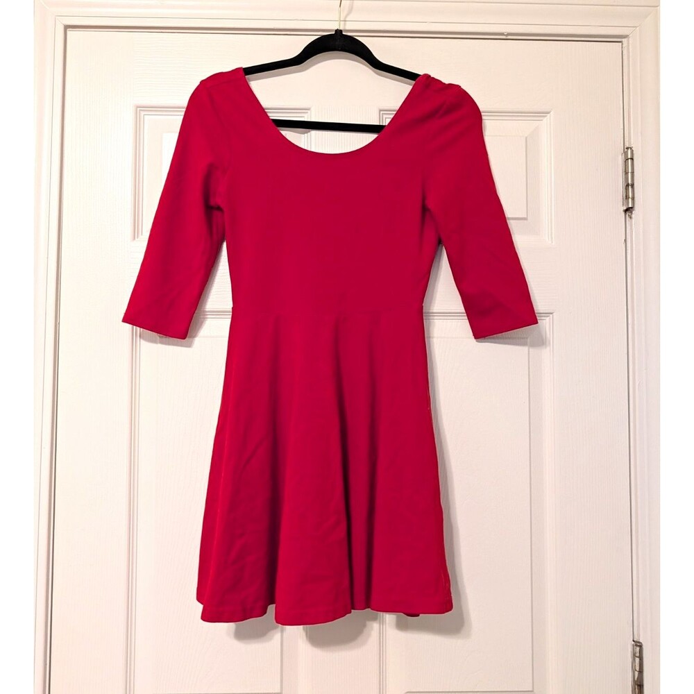 Express XS Solid Red Fit & Flare Dress Scoop Neck 3/4 Sleeve Short Zipper